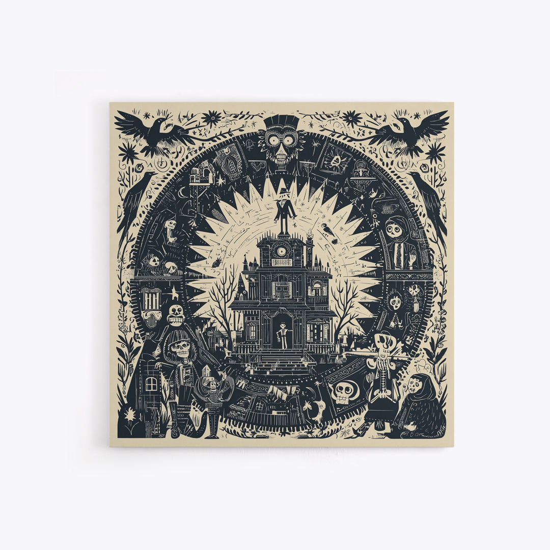 The Clockwork Haunted House, Macabre Folk Print Art, Square Wall Art, Macabre Wall Art, Framed Canvas Print, Halloween Wall Art