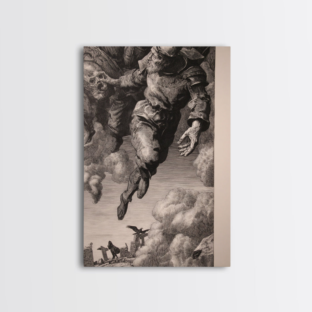 The Upside-Down Cemetery, Renaissance Engraving Art, Vertical Wall Art, Macabre Wall Art, Framed Canvas Print, Halloween Wall Art