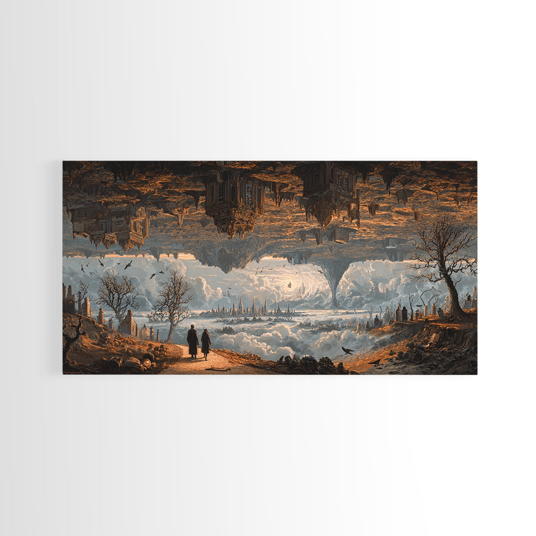 The Upside-Down Cemetery, Apocalyptic Romantic Art, Wide Panoramic Art, Macabre Wall Art, Framed Canvas Print, Halloween Wall Art