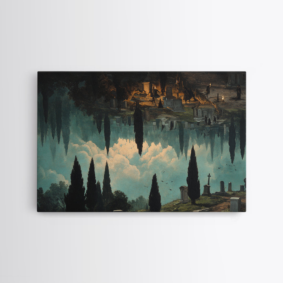 The Upside-Down Cemetery, Symbolist Gothic Landscape, Landscape Wall Art, Dark Halloween Decor, Canvas Print, Halloween Wall Art