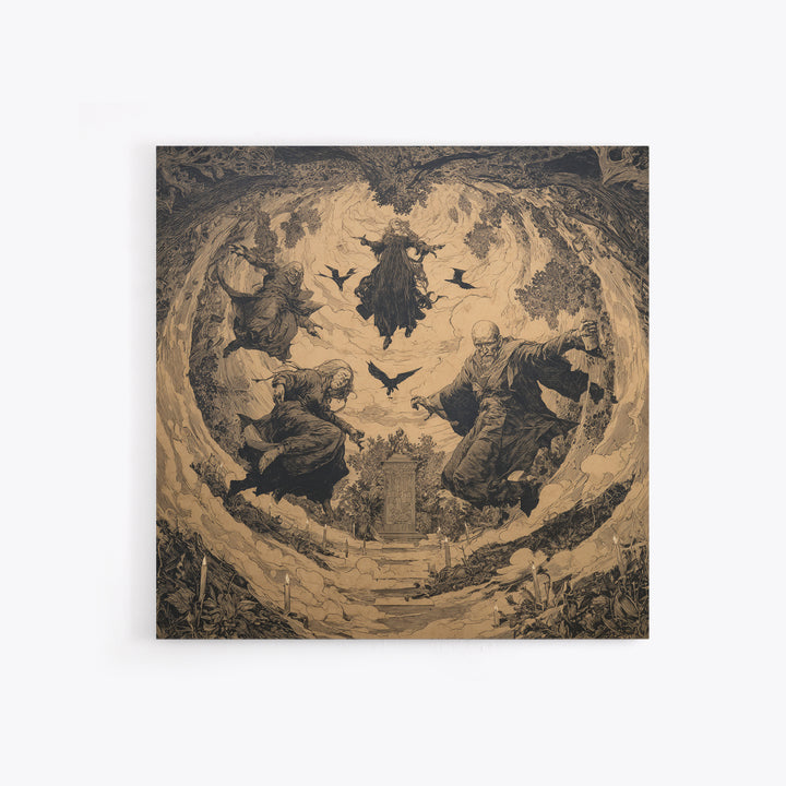 The Upside-Down Cemetery, Symbolist Etching Art, Square Wall Art, Gothic Horror Wall Art, Canvas Print, Halloween Wall Art