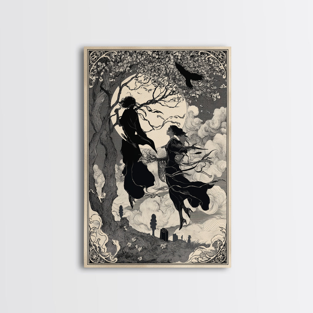 The Upside-Down Cemetery, Decadent Line Art, Vertical Wall Art, Dark Halloween Decor, Canvas Print, Halloween Wall Art