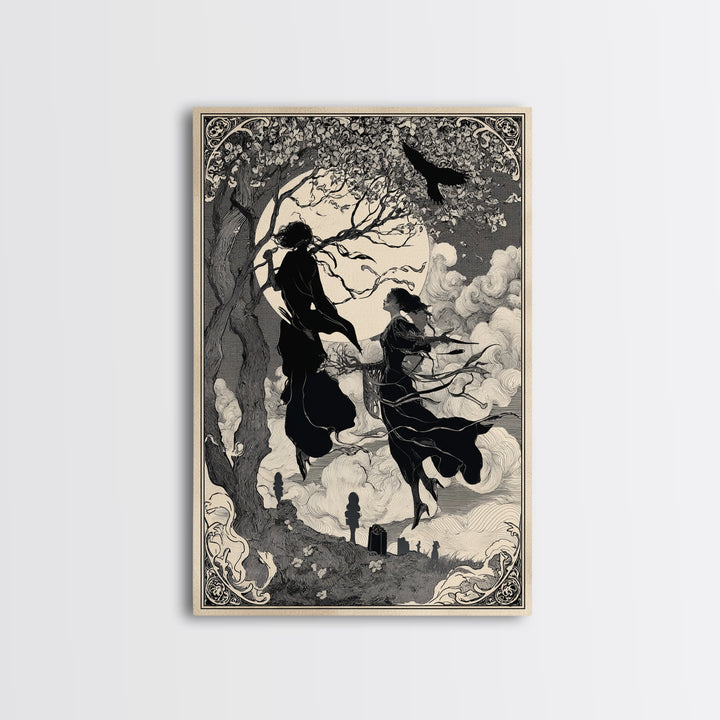 The Upside-Down Cemetery, Decadent Line Art, Vertical Wall Art, Dark Halloween Decor, Canvas Print, Halloween Wall Art