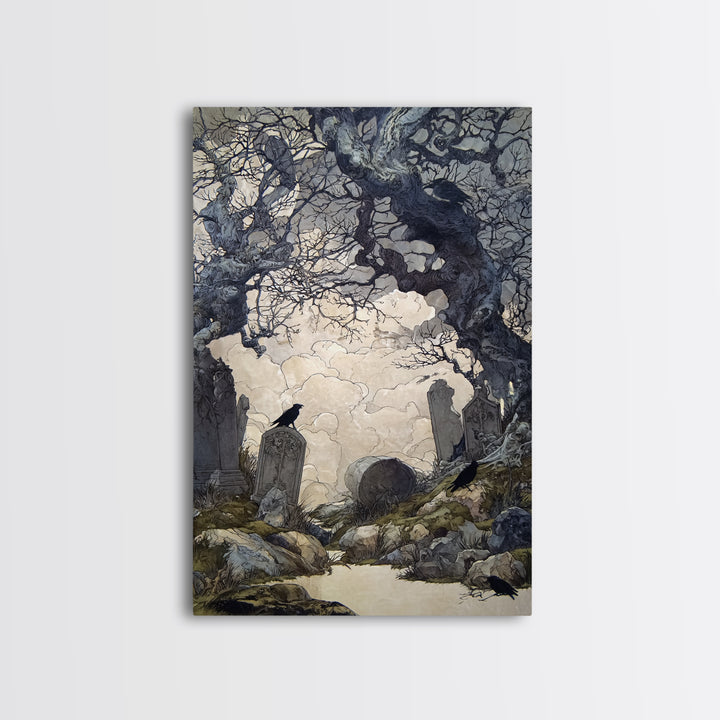 The Upside-Down Cemetery, Gothic Storybook Art, Vertical Wall Art, Dark Fantasy Wall Art, Canvas Print, Halloween Wall Art
