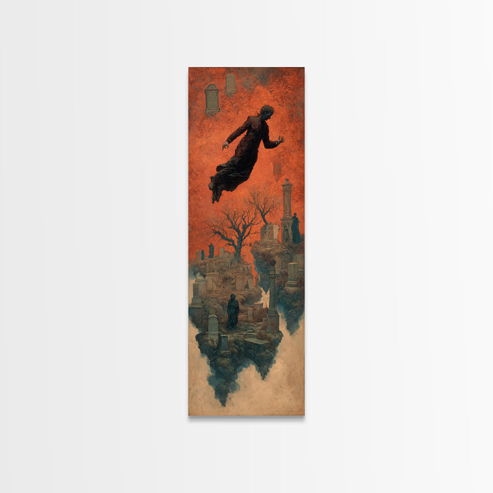 The Upside-Down Cemetery, Surreal Apocalyptic Art, Tall Narrow Wall Art, Macabre Wall Art, Canvas Print, Halloween Wall Art