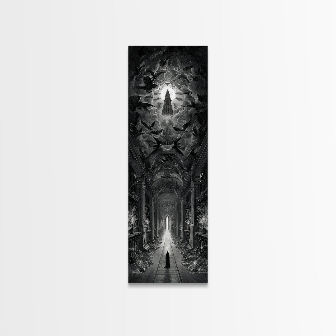 The Infinite Hallway, Gothic Engraving Art, Tall Narrow Wall Art, Macabre Wall Art, Framed Canvas Print, Halloween Wall Art