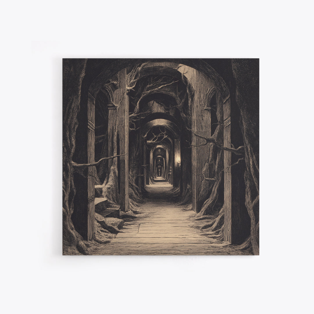 The Infinite Hallway, Expressionist Nightmare Art, Square Wall Art, Macabre Wall Art, Framed Canvas Print, Halloween Wall Art