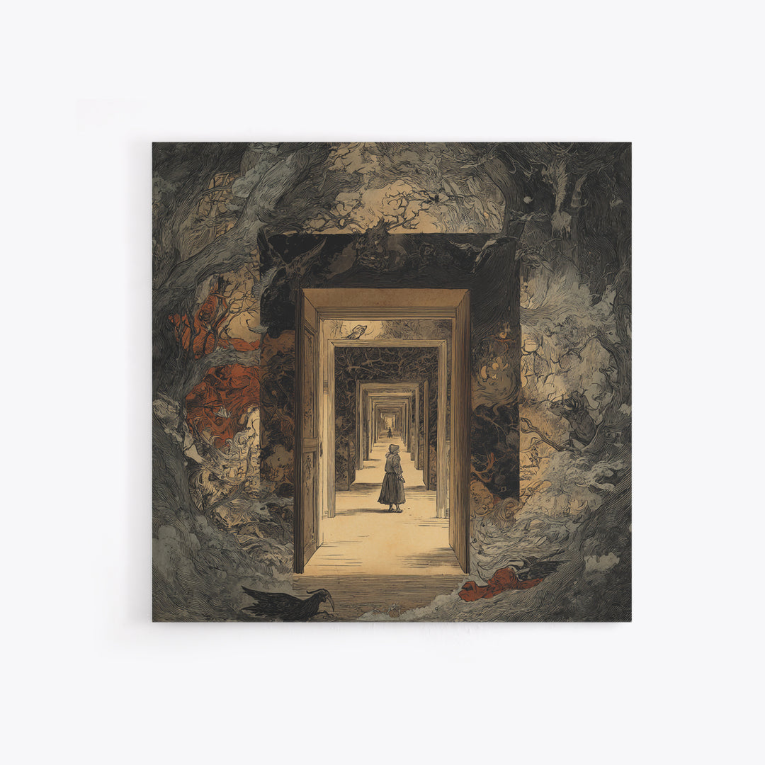 The Infinite Hallway, Gothic Storybook Art, Square Wall Art, Dark Fantasy Wall Art, Canvas Print, Halloween Wall Art