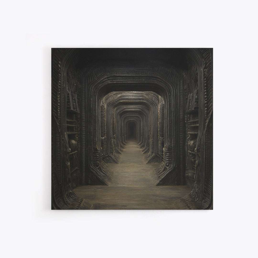 The Infinite Hallway, Biomechanical Horror Art, Square Wall Art, Dark Fantasy Wall Art, Framed Canvas Print, Halloween Wall Art