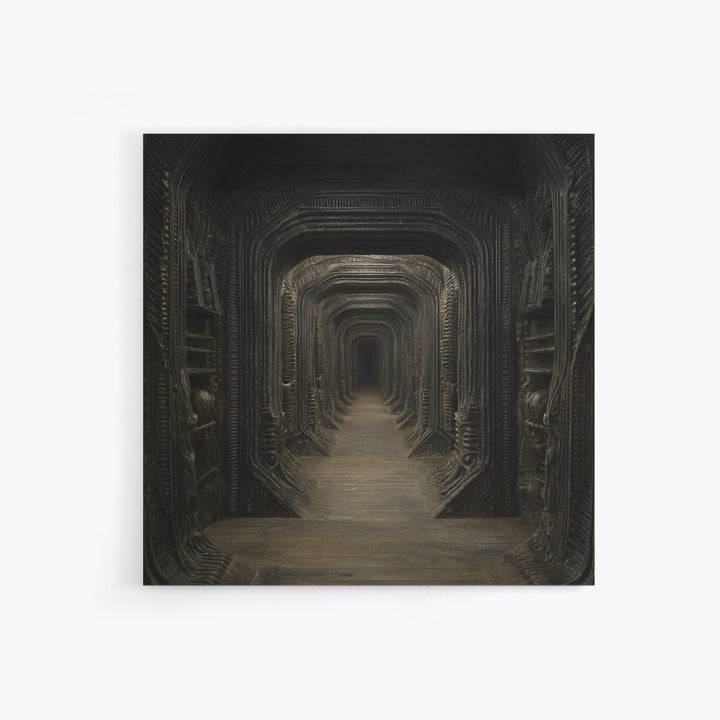 The Infinite Hallway, Biomechanical Horror Art, Square Wall Art, Dark Fantasy Wall Art, Framed Canvas Print, Halloween Wall Art
