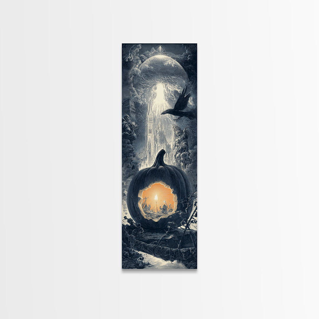 The Moon Inside A Pumpkin, Gothic Engraving Art, Tall Narrow Wall Art, Macabre Wall Art, Framed Canvas Print, Halloween Wall Art