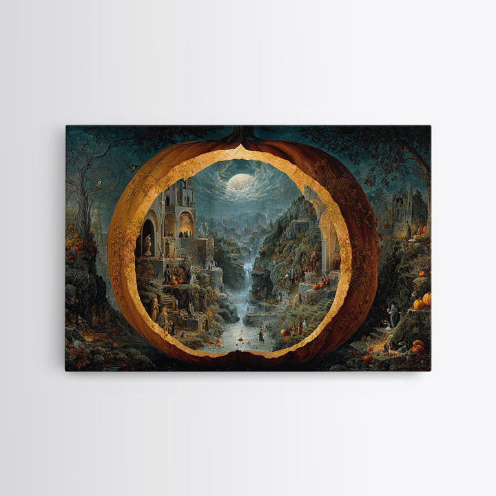 The Moon Inside A Pumpkin, Medieval Grotesque Art, Landscape Wall Art, Macabre Wall Art, Framed Canvas Print, Halloween Wall Art
