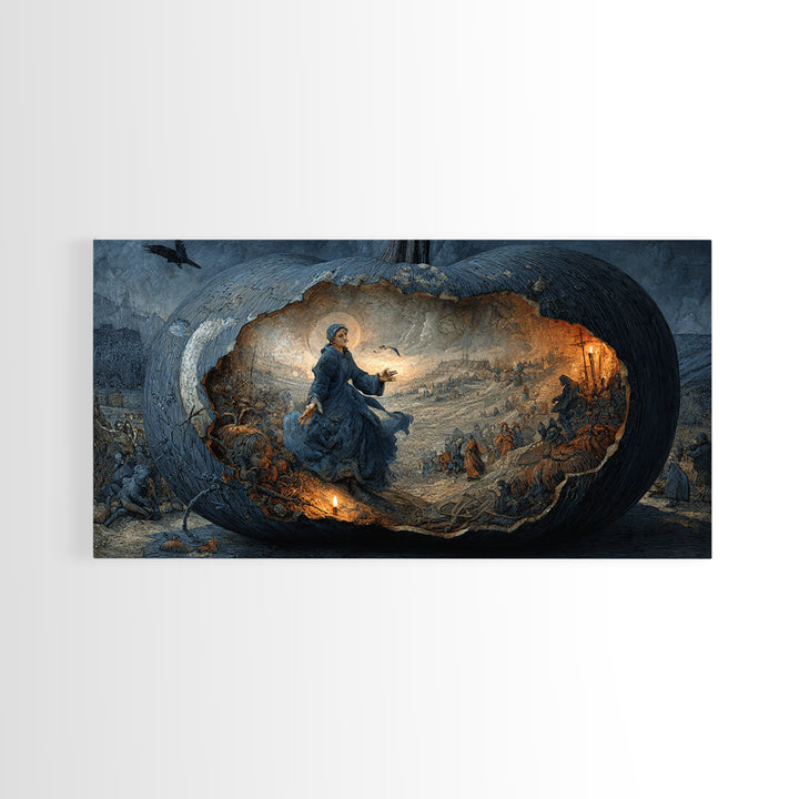The Moon Inside A Pumpkin, Northern Renaissance Horror, Wide Panoramic Art, Dark Halloween Decor, Framed Canvas Print