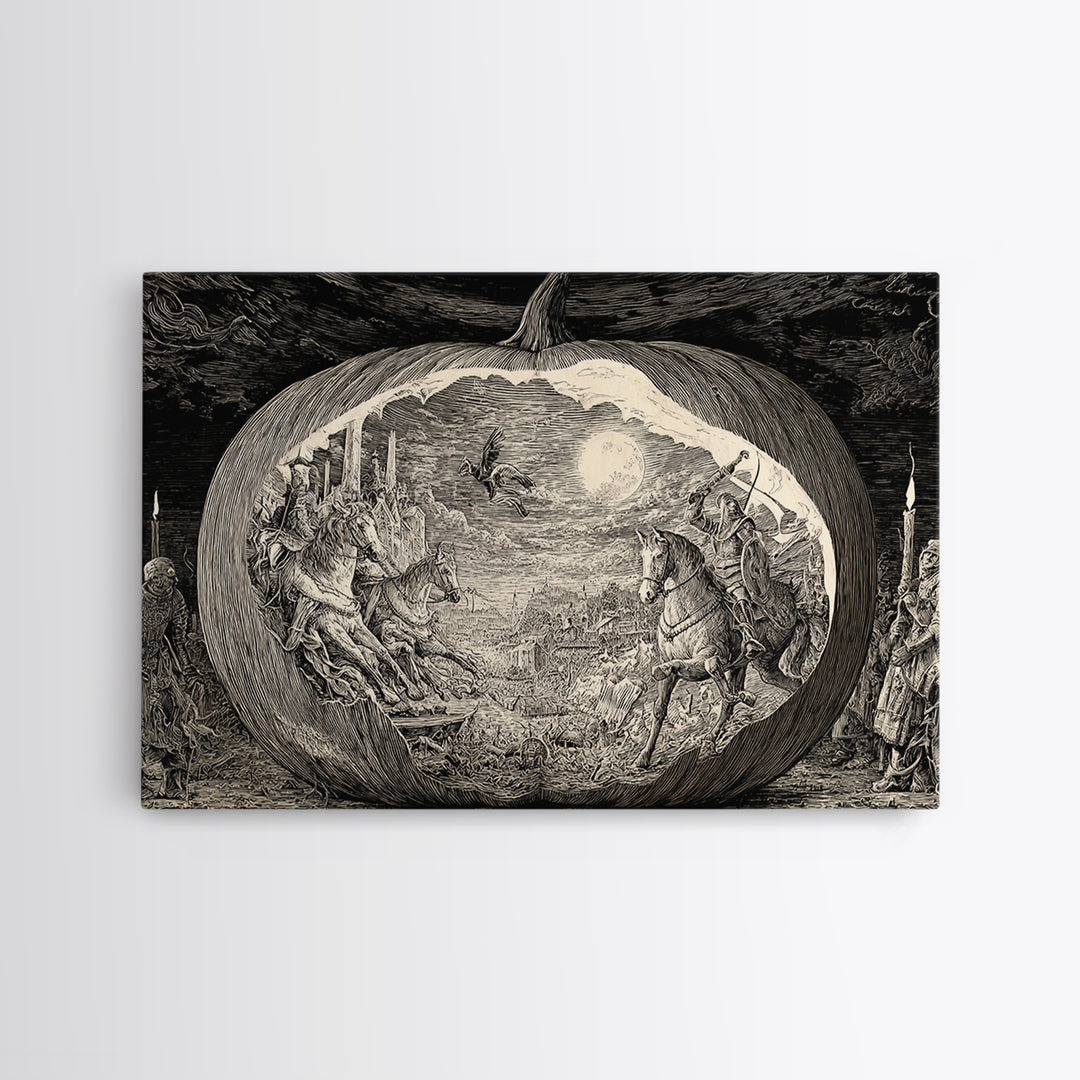 The Moon Inside A Pumpkin, Renaissance Engraving Art, Landscape Wall Art, Macabre Wall Art, Canvas Print, Halloween Wall Art