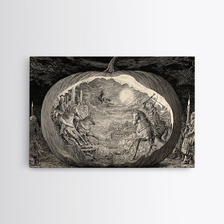 The Moon Inside A Pumpkin, Renaissance Engraving Art, Landscape Wall Art, Macabre Wall Art, Canvas Print, Halloween Wall Art