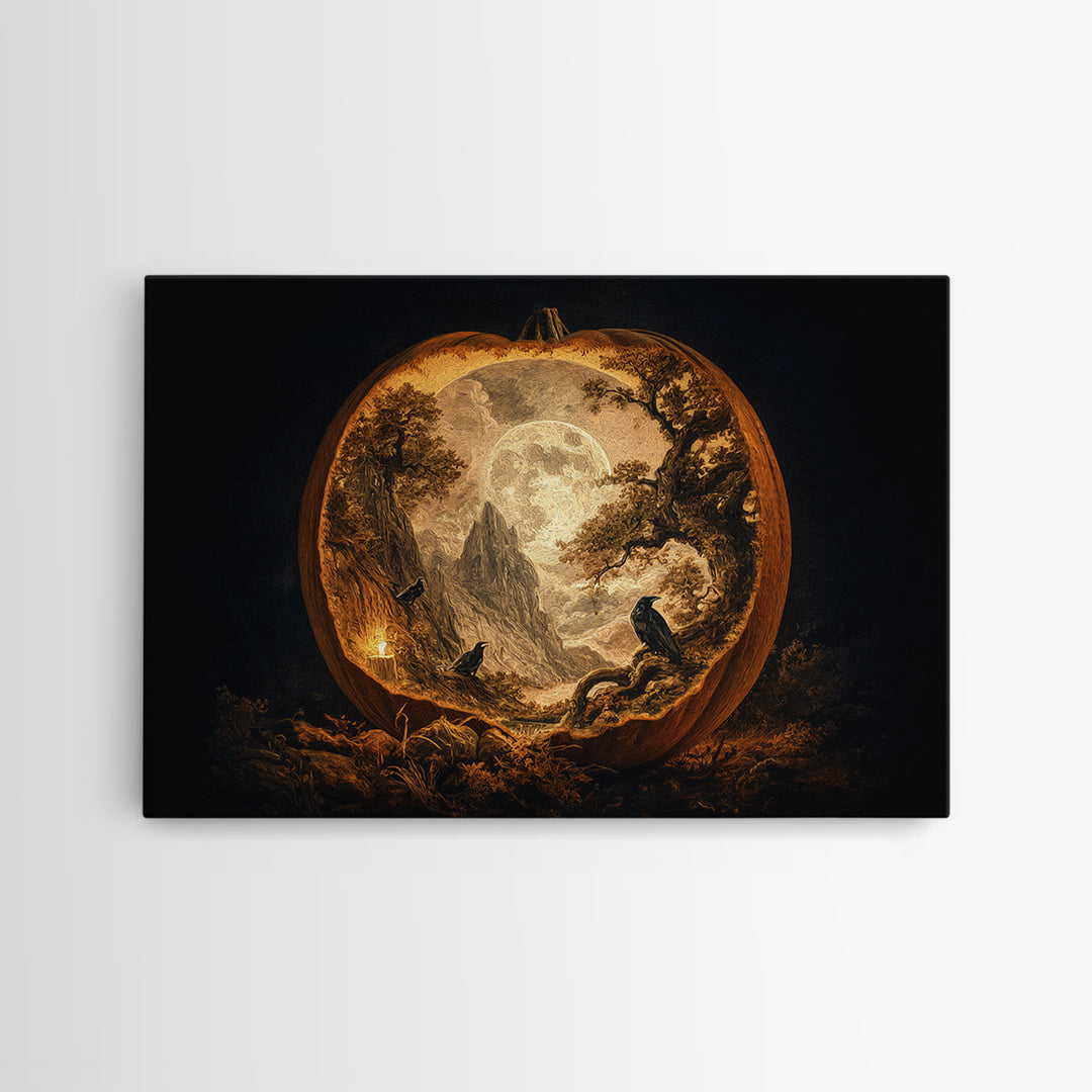 The Moon Inside A Pumpkin, Baroque Witchcraft Art, Landscape Wall Art, Dark Fantasy Wall Art, Framed Canvas Print, Halloween Wall Art