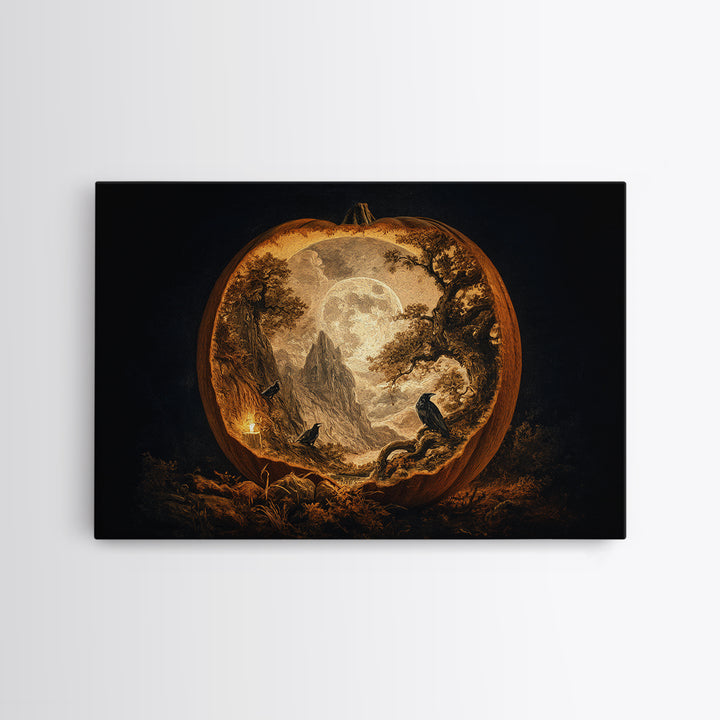 The Moon Inside A Pumpkin, Baroque Witchcraft Art, Landscape Wall Art, Dark Fantasy Wall Art, Framed Canvas Print, Halloween Wall Art