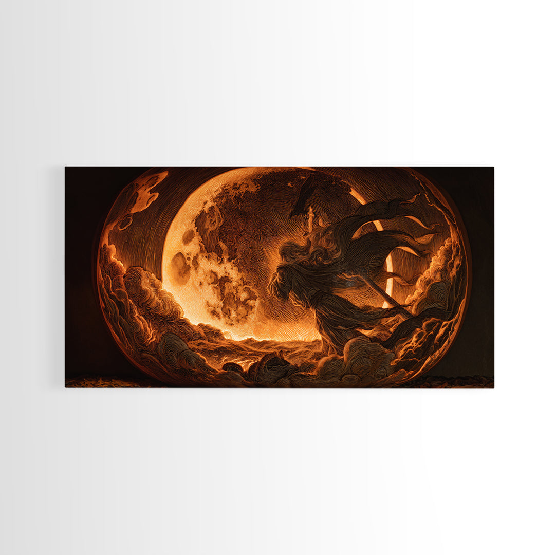 The Moon Inside A Pumpkin, Visionary Gothic Art, Wide Panoramic Art, Dark Halloween Decor, Framed Canvas Print, Halloween Wall Art
