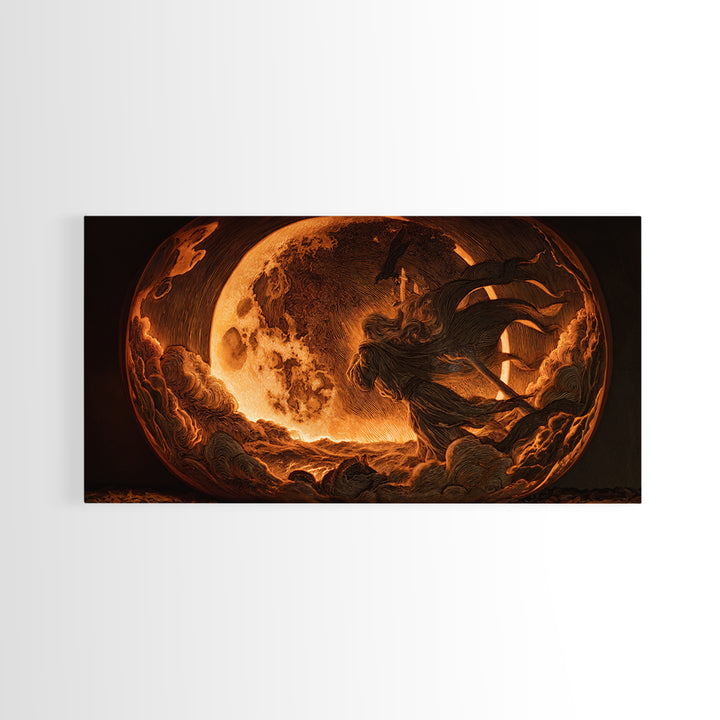 The Moon Inside A Pumpkin, Visionary Gothic Art, Wide Panoramic Art, Dark Halloween Decor, Framed Canvas Print, Halloween Wall Art
