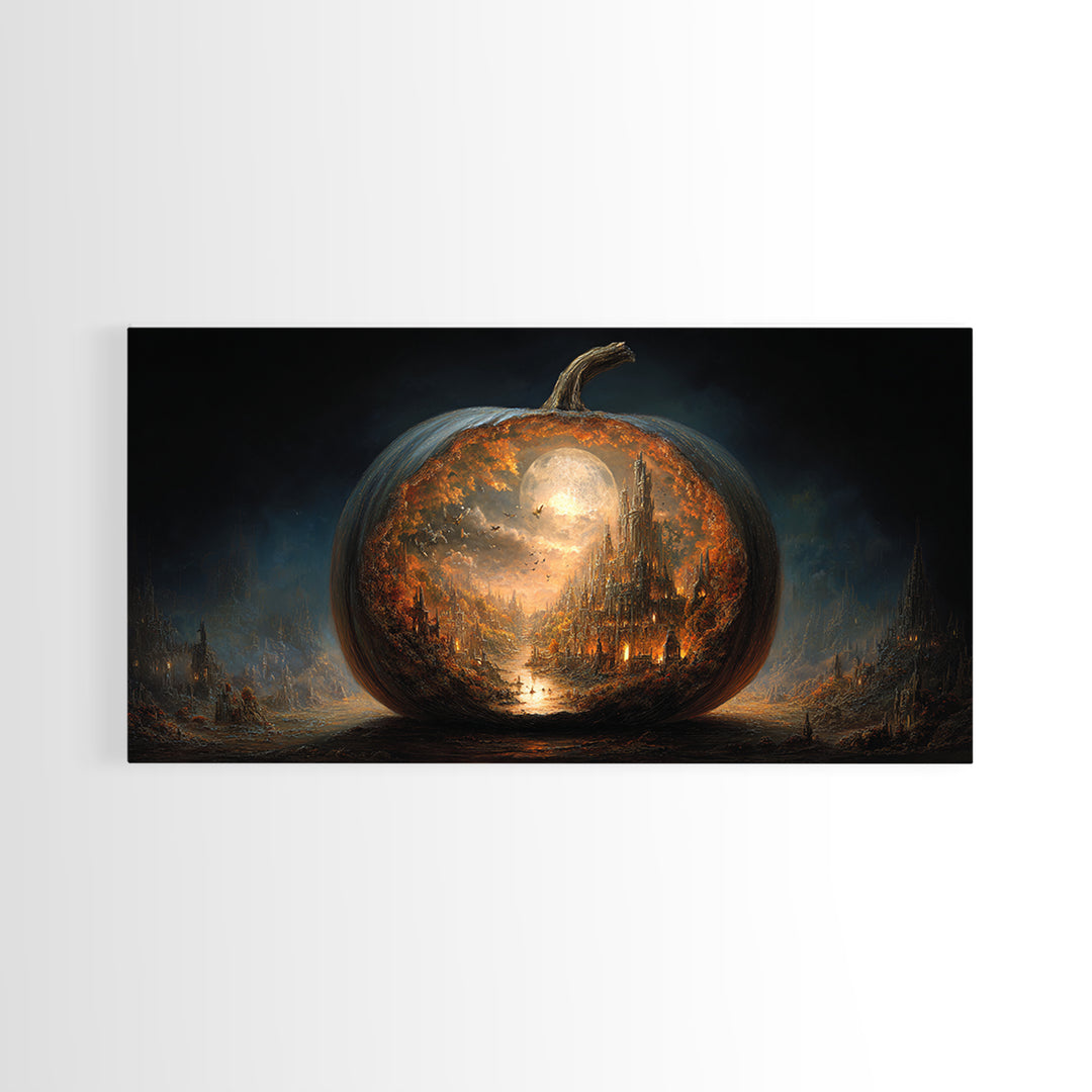 The Moon Inside A Pumpkin, Apocalyptic Romantic Art, Wide Panoramic Art, Gothic Horror Wall Art, Framed Canvas Print, Halloween Wall Art