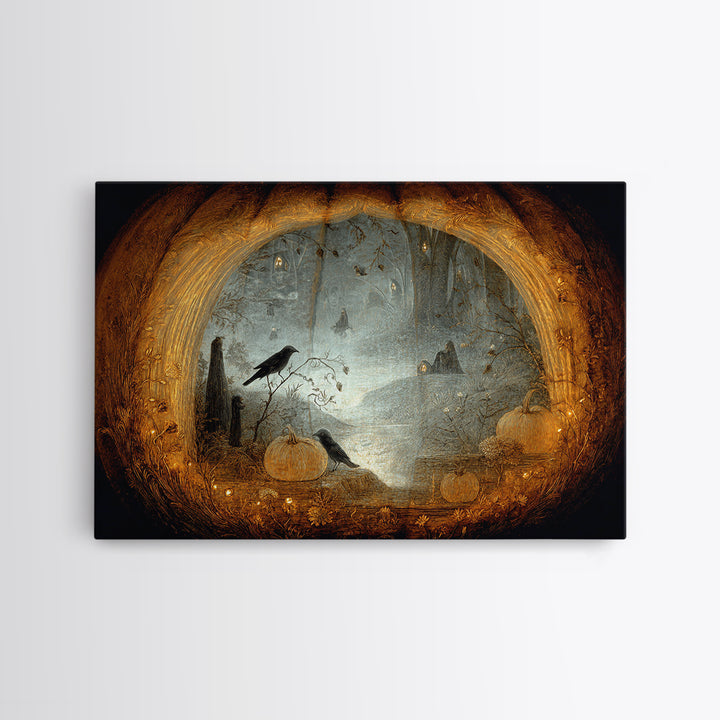 The Moon Inside A Pumpkin, Symbolist Dream Art, Landscape Wall Art, Macabre Wall Art, Framed Canvas Print, Halloween Wall Art