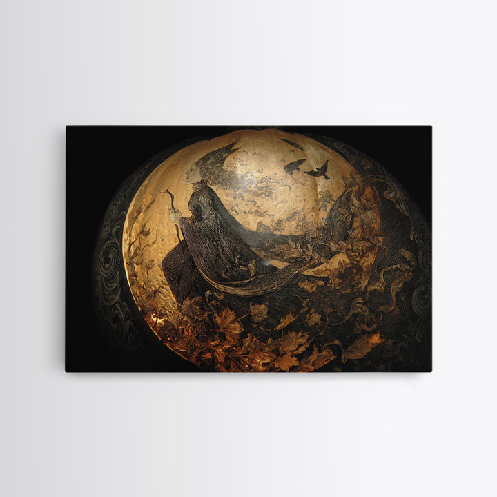 The Moon Inside A Pumpkin, Ornate Symbolist Art, Landscape Wall Art, Dark Halloween Decor, Framed Canvas Print, Halloween Wall Art
