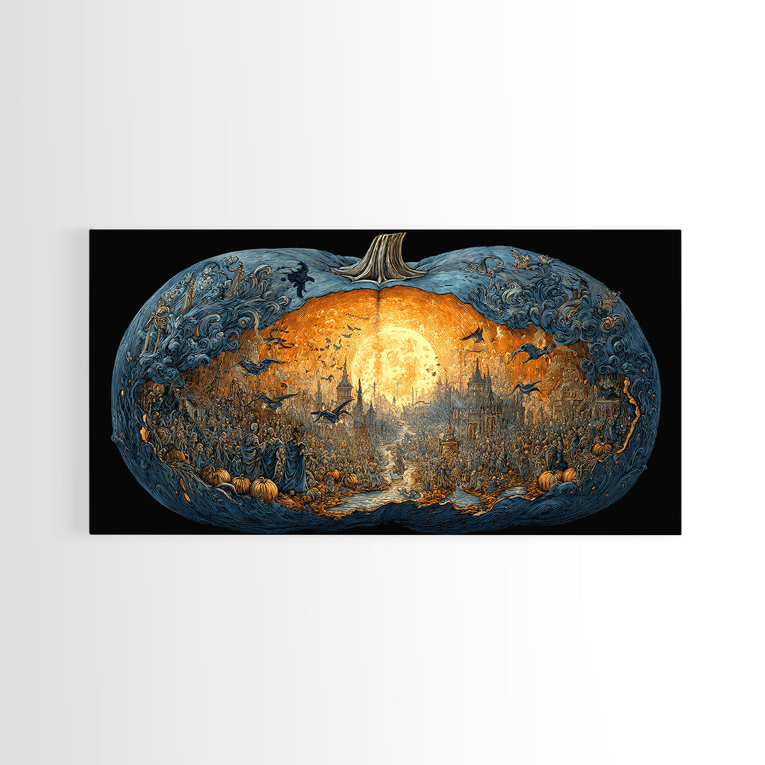 The Moon Inside A Pumpkin, Grotesque Carnival Art, Wide Panoramic Art, Dark Halloween Decor, Framed Canvas Print, Halloween Wall Art