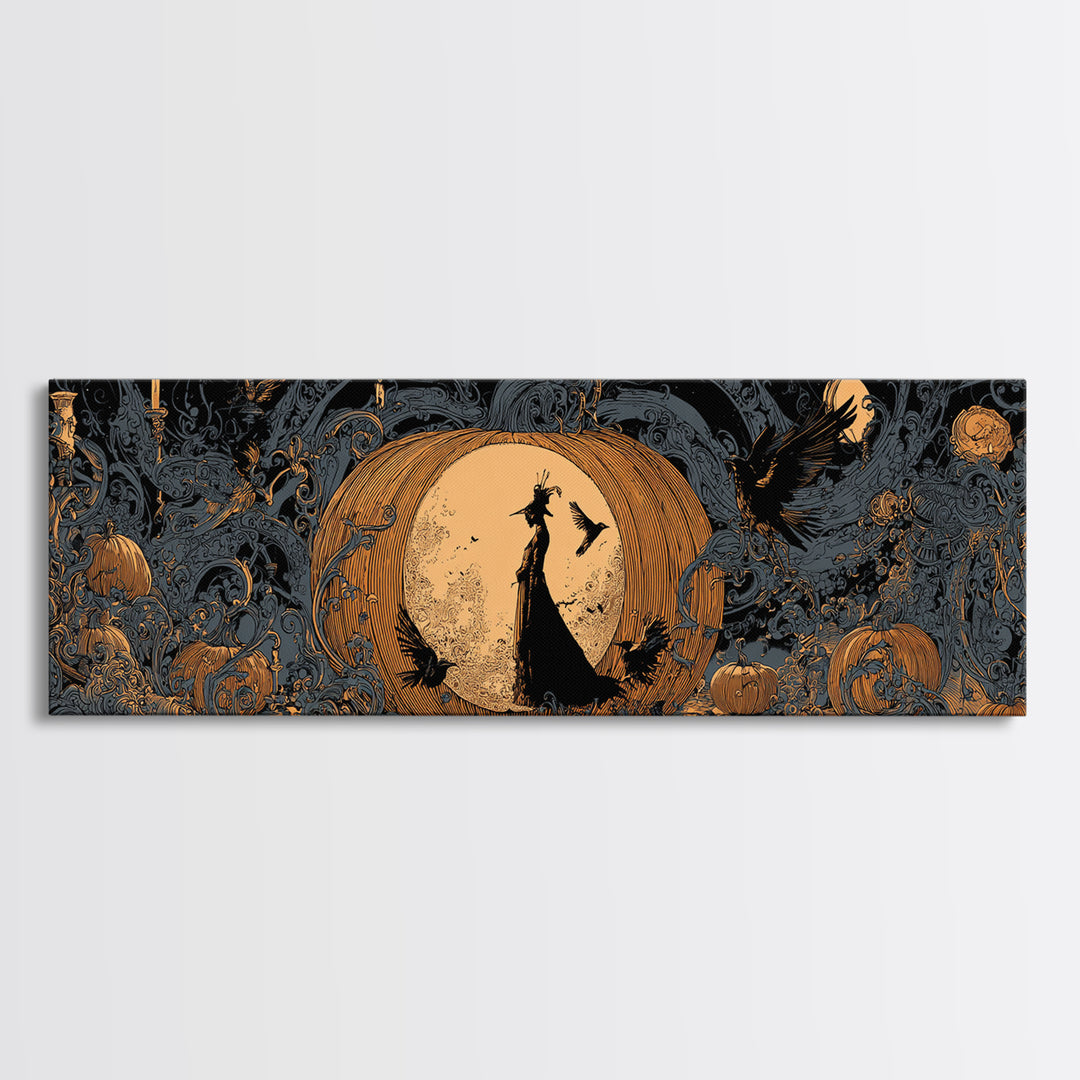 The Moon Inside A Pumpkin, Decadent Line Art, Extra Wide Wall Art, Gothic Horror Wall Art, Canvas Print, Halloween Wall Art