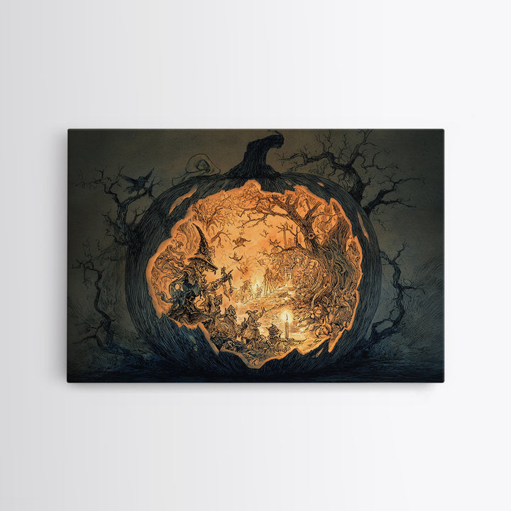 The Moon Inside A Pumpkin, Gothic Storybook Art, Landscape Wall Art, Dark Fantasy Wall Art, Framed Canvas Print, Halloween Wall Art