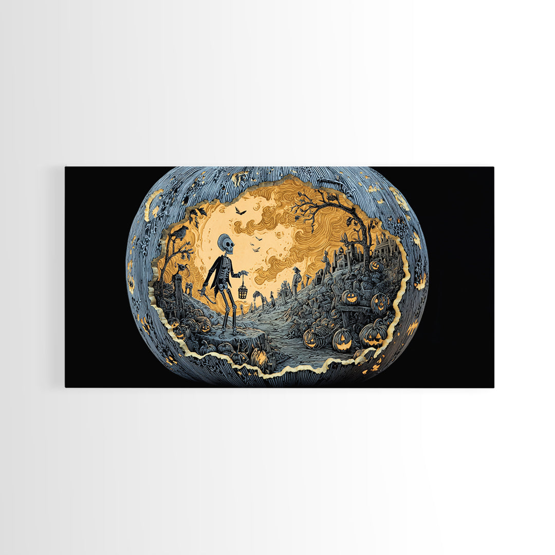 The Moon Inside A Pumpkin, Macabre Folk Print Art, Wide Panoramic Art, Macabre Wall Art, Framed Canvas Print, Halloween Wall Art