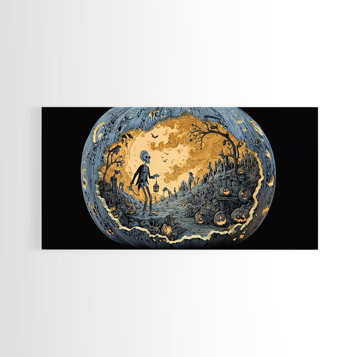 The Moon Inside A Pumpkin, Macabre Folk Print Art, Wide Panoramic Art, Macabre Wall Art, Framed Canvas Print, Halloween Wall Art