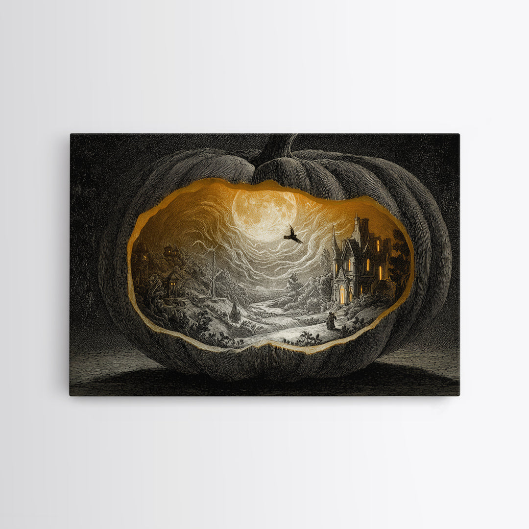 The Moon Inside A Pumpkin, Victorian Macabre Art, Landscape Wall Art, Gothic Horror Wall Art, Framed Canvas Print, Halloween Wall Art