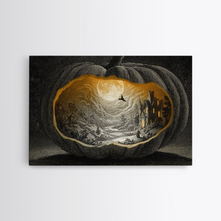 The Moon Inside A Pumpkin, Victorian Macabre Art, Landscape Wall Art, Gothic Horror Wall Art, Framed Canvas Print, Halloween Wall Art