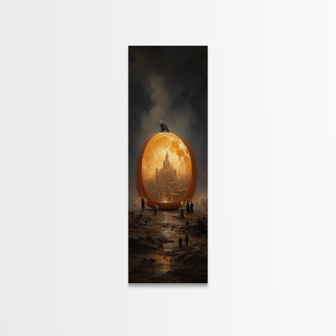 The Moon Inside A Pumpkin, Surreal Apocalyptic Art, Tall Narrow Wall Art, Dark Fantasy Wall Art, Framed Canvas Print