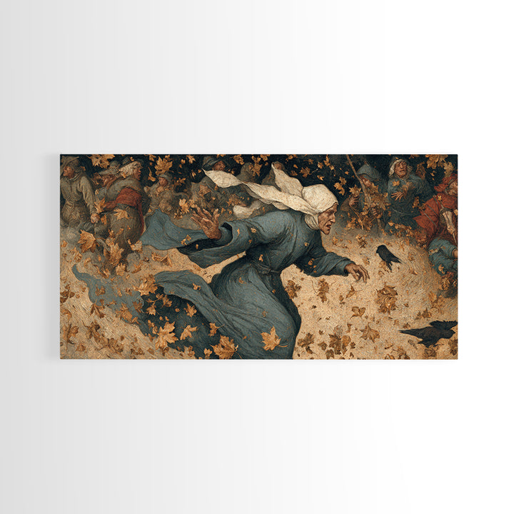 The Autumn-Leaf Ghost, Northern Renaissance Horror, Wide Panoramic Art, Dark Fantasy Wall Art, Framed Canvas Print