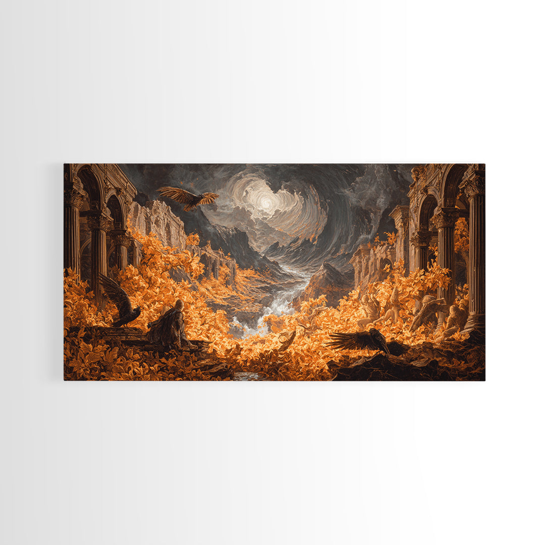 The Autumn-Leaf Ghost, Apocalyptic Romantic Art, Wide Panoramic Art, Macabre Wall Art, Framed Canvas Print, Halloween Wall Art