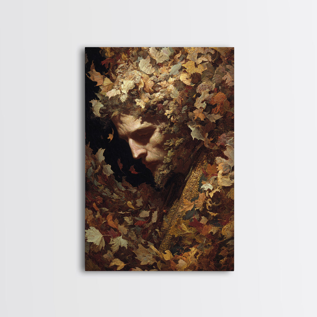 The Autumn-Leaf Ghost, Ornate Symbolist Art, Vertical Wall Art, Dark Halloween Decor, Framed Canvas Print, Halloween Wall Art