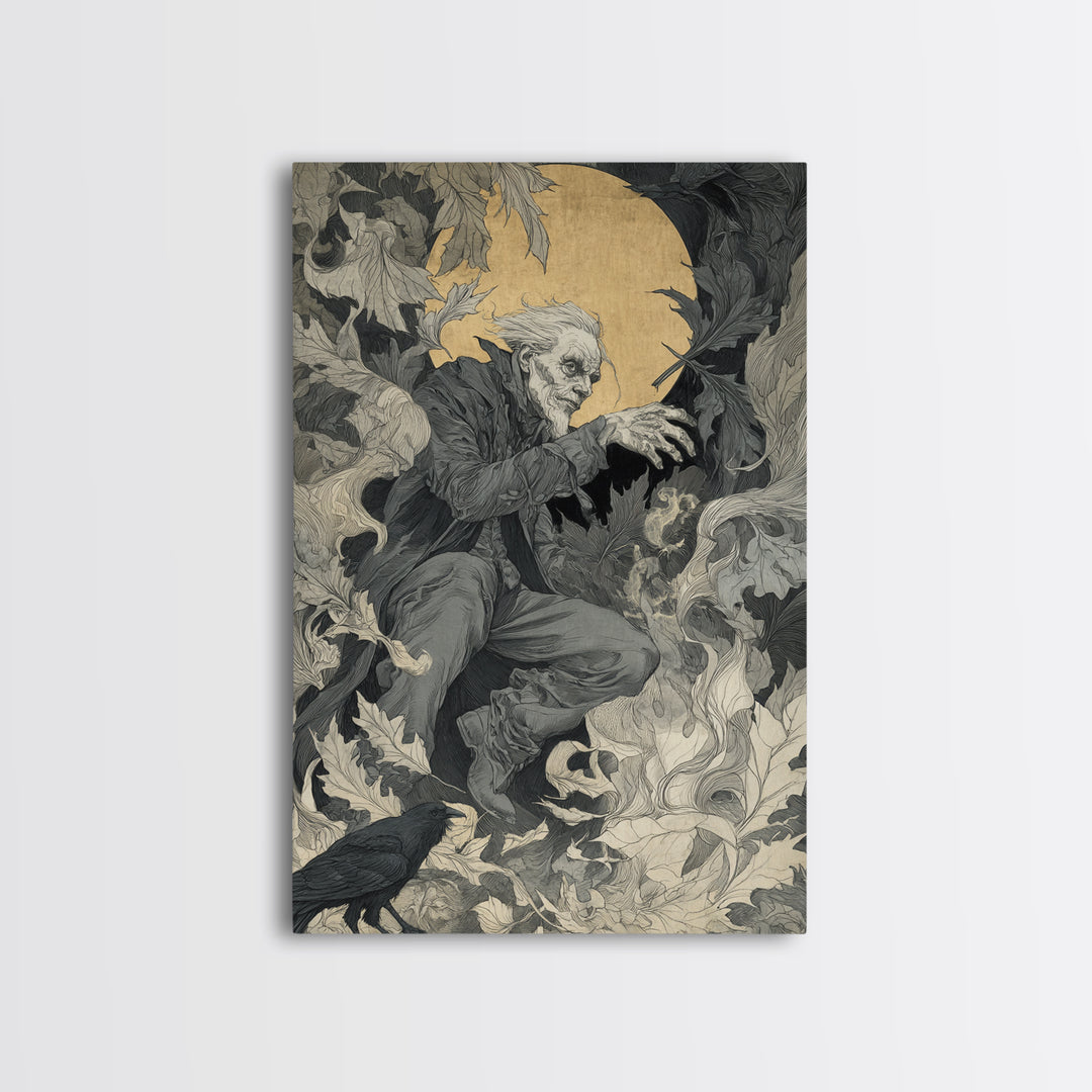 The Autumn-Leaf Ghost, Symbolist Etching Art, Vertical Wall Art, Dark Halloween Decor, Canvas Print, Halloween Wall Art, Horror Wall Art