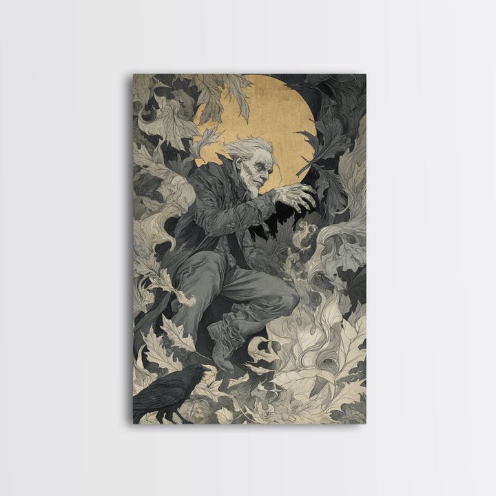 The Autumn-Leaf Ghost, Symbolist Etching Art, Vertical Wall Art, Dark Halloween Decor, Canvas Print, Halloween Wall Art, Horror Wall Art
