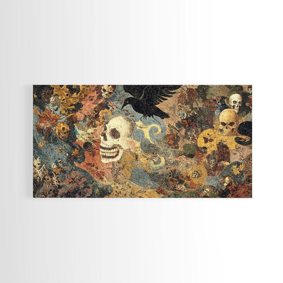 The Autumn-Leaf Ghost, Grotesque Carnival Art, Wide Panoramic Art, Gothic Horror Wall Art, Framed Canvas Print, Halloween Wall Art