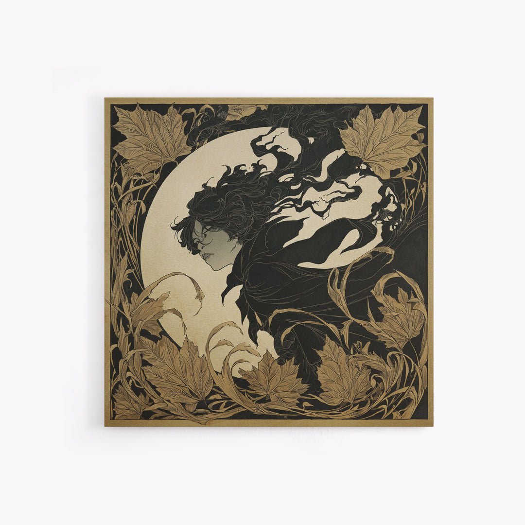 The Autumn-Leaf Ghost, Decadent Line Art, Square Wall Art, Dark Halloween Decor, Framed Canvas Print, Halloween Wall Art