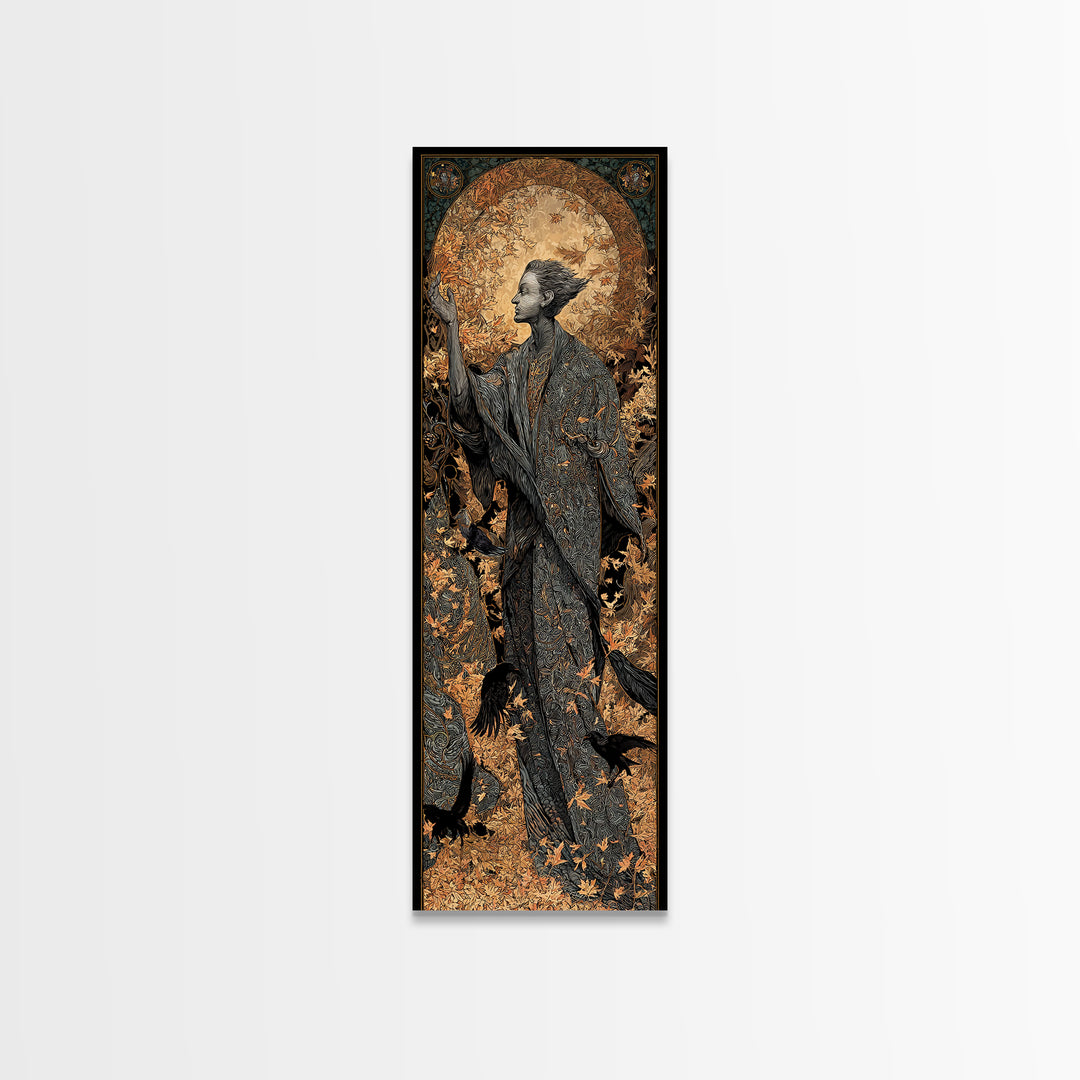 The Autumn-Leaf Ghost, Stained Glass Gothic Art, Tall Narrow Wall Art, Dark Fantasy Wall Art, Canvas Print, Halloween Wall Art