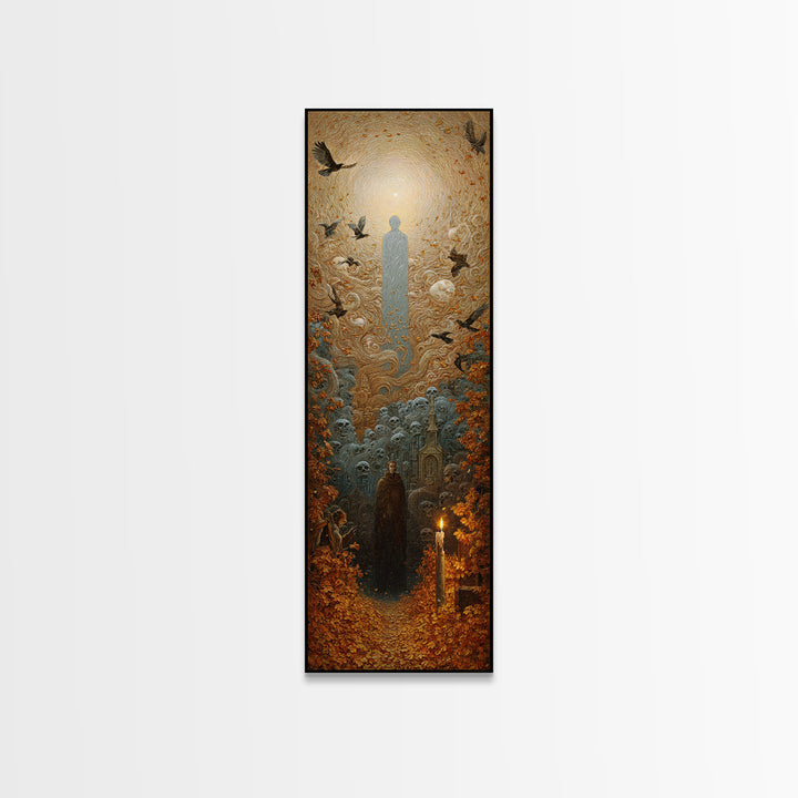 The Autumn-Leaf Ghost, Surreal Apocalyptic Art, Tall Narrow Wall Art, Dark Halloween Decor, Framed Canvas Print, Halloween Wall Art