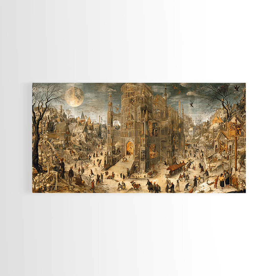 The Cathedral Of Bones, Northern Renaissance Horror, Wide Panoramic Art, Gothic Horror Wall Art, Framed Canvas Print