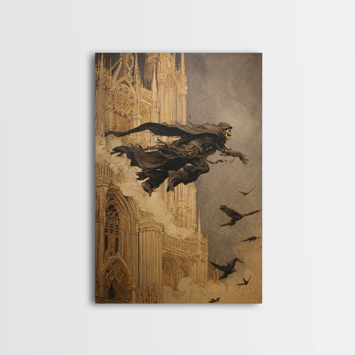The Cathedral Of Bones, Symbolist Etching Art, Vertical Wall Art, Dark Halloween Decor, Canvas Print, Halloween Wall Art
