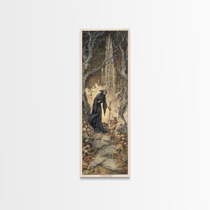The Cathedral Of Bones, Gothic Storybook Art, Tall Narrow Wall Art, Macabre Wall Art, Canvas Print, Halloween Wall Art