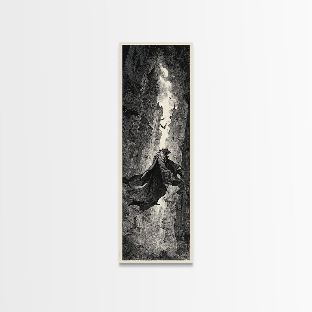 The Town Where Shadows Live, Gothic Engraving Art, Tall Narrow Wall Art, Dark Fantasy Wall Art, Canvas Print, Halloween Wall Art