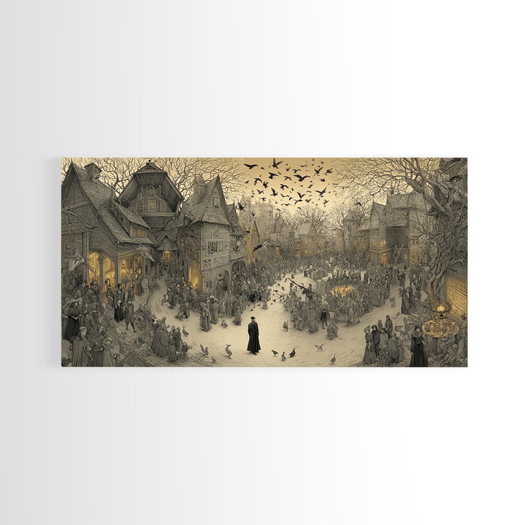 The Town Where Shadows Live, Northern Renaissance Horror, Wide Panoramic Art, Gothic Horror Wall Art, Framed Canvas Print