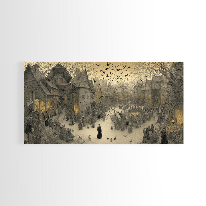 The Town Where Shadows Live, Northern Renaissance Horror, Wide Panoramic Art, Gothic Horror Wall Art, Framed Canvas Print