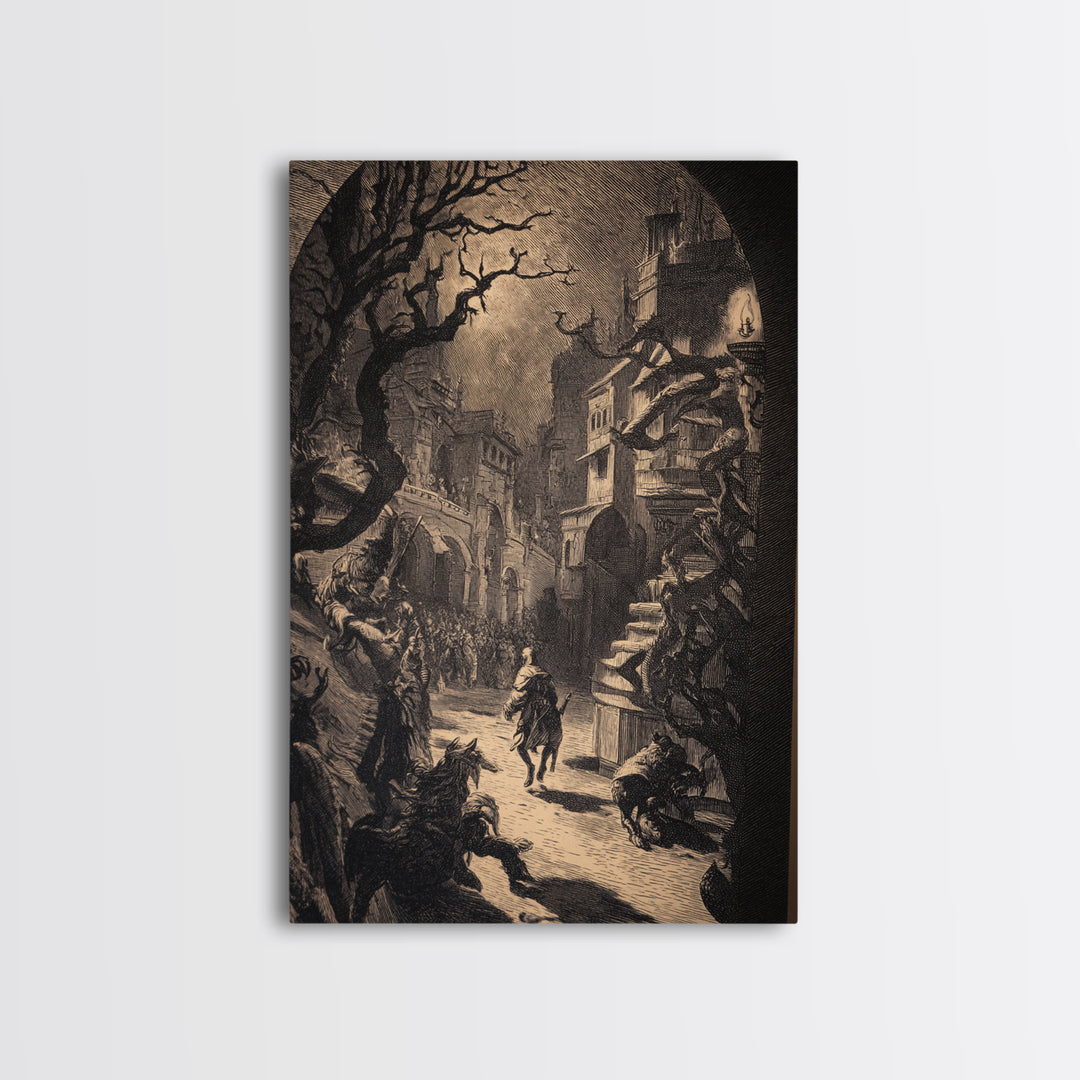 The Town Where Shadows Live, Renaissance Engraving Art, Vertical Wall Art, Dark Fantasy Wall Art, Canvas Print, Halloween Wall Art